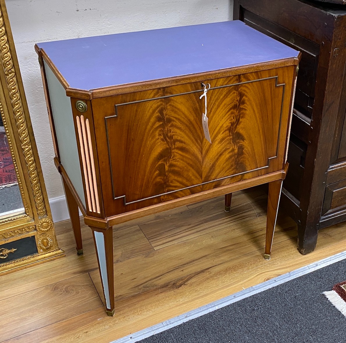 An 18th century style Swedish part painted mahogany side cabinet enclosing five baize lined trays, width 61cm, depth 36cm, height 70cm